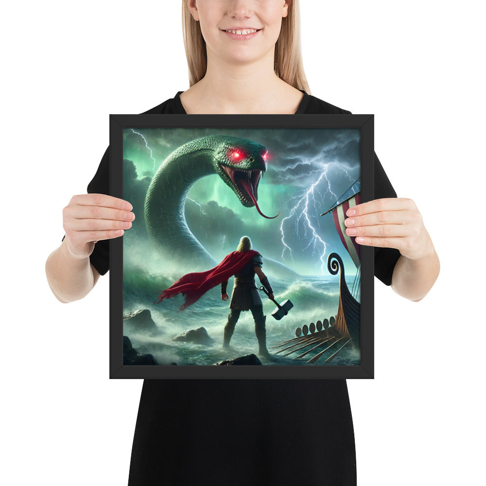 Viking myth art print of Thor wielding Mjölnir against Jörmungandr