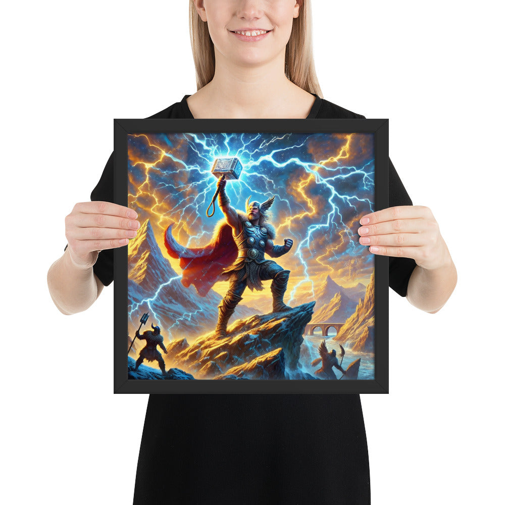 Viking god Thor framed print raising Mjölnir amid thunderclouds