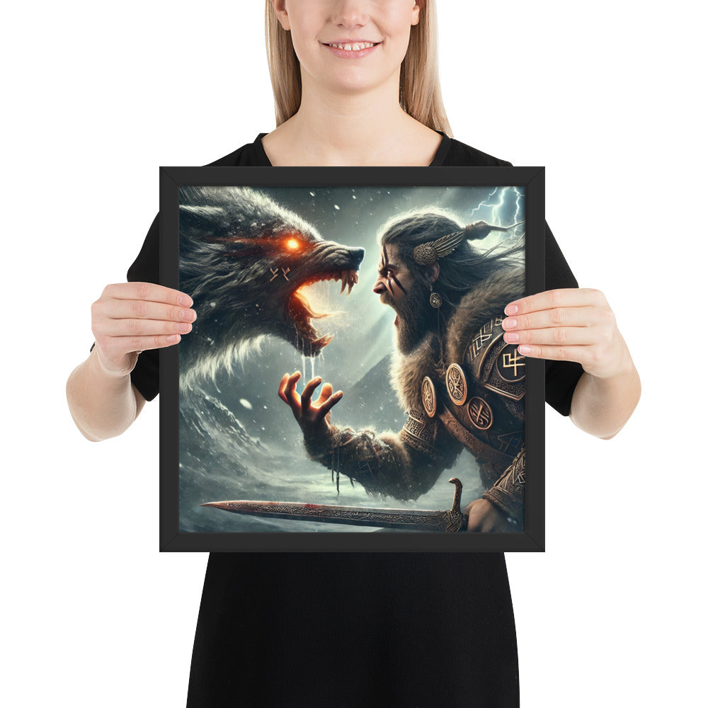 Viking myth art print of Tyr god of oaths confronting Fenrir