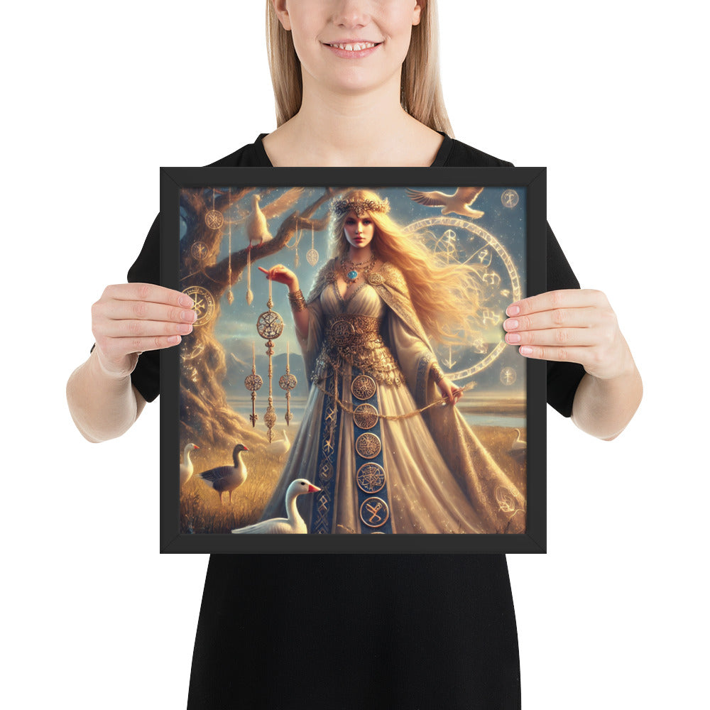 Viking goddess of fate framed print with Frigg, sacred geese, and twilight robes