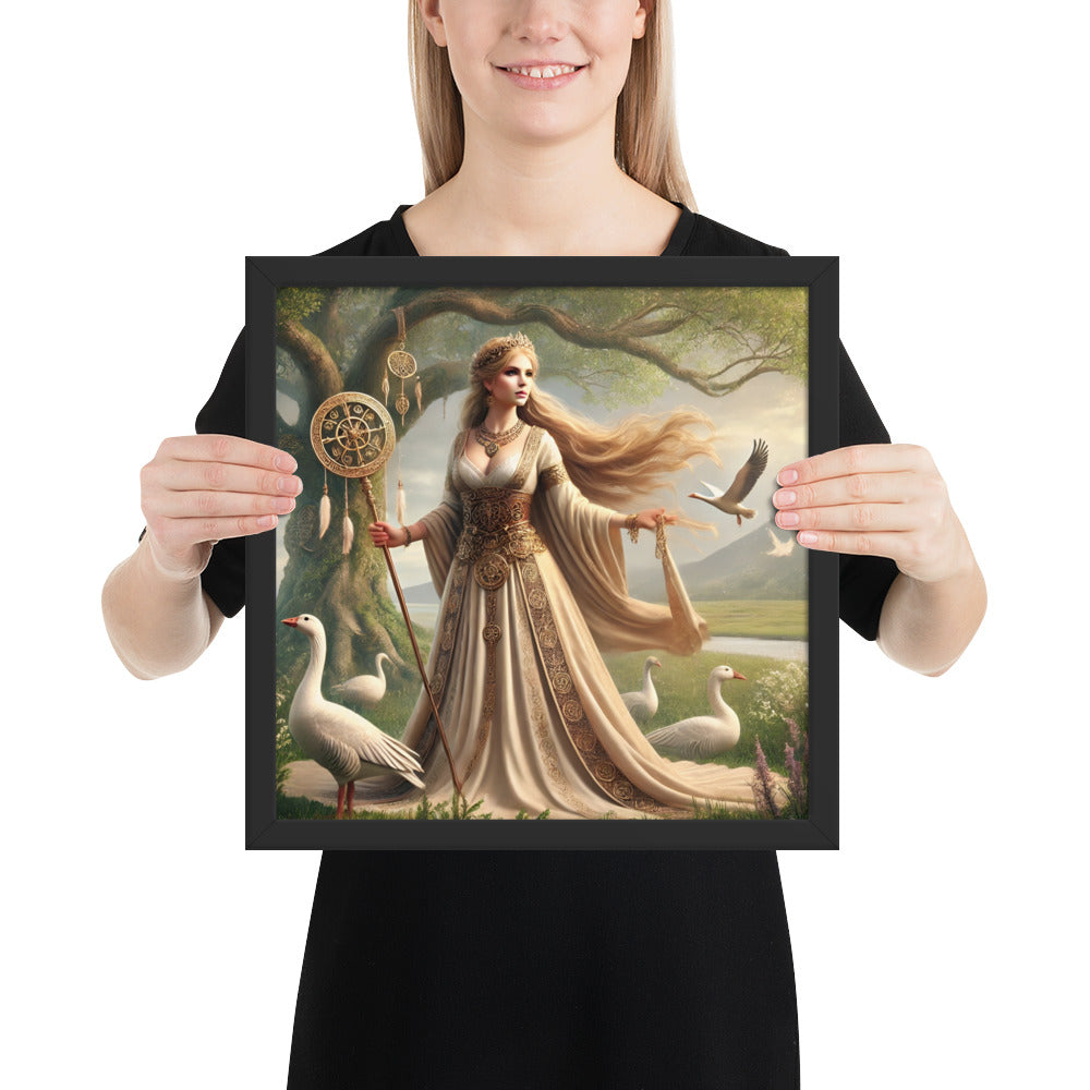 Viking goddess Frigg framed print with runic robes and staff of foresight