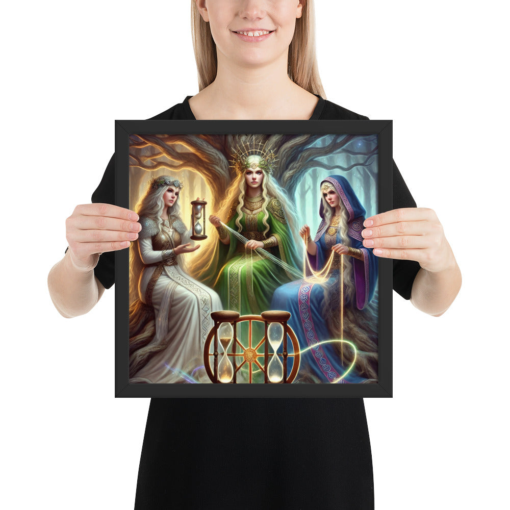 Viking myth wall art featuring Norns of destiny with runes and loom