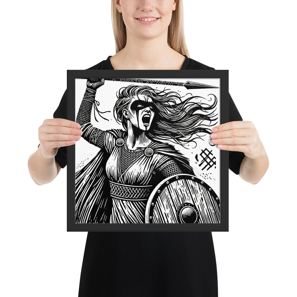 Norse shieldmaiden artwork featuring battle stance, war paint, and shield