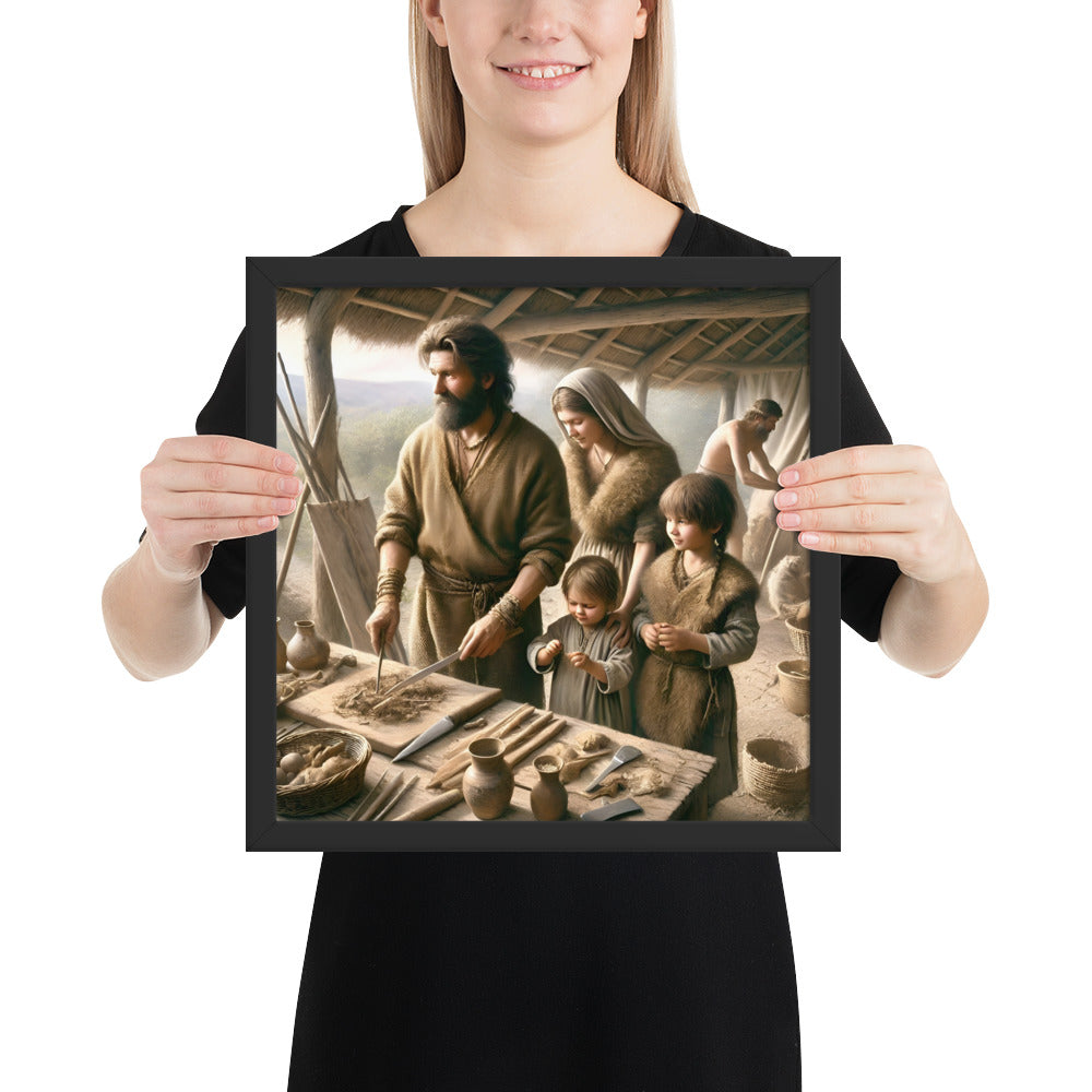 Prehistoric farming family artwork featuring pottery, flint tools, and hearth scene