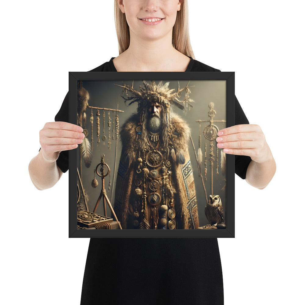 Prehistoric European shaman framed print with ancestral tools and spiritual relics