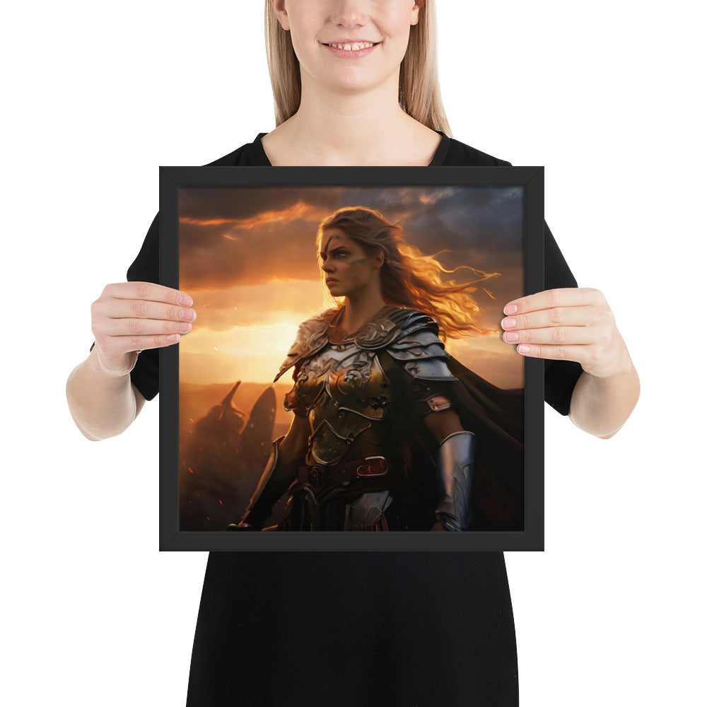 Framed Viking mythology print of a Valkyrie standing at the battlefield edge