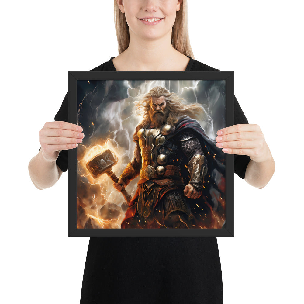 Framed Viking mythology print of Thor with hammer Mjölnir raised