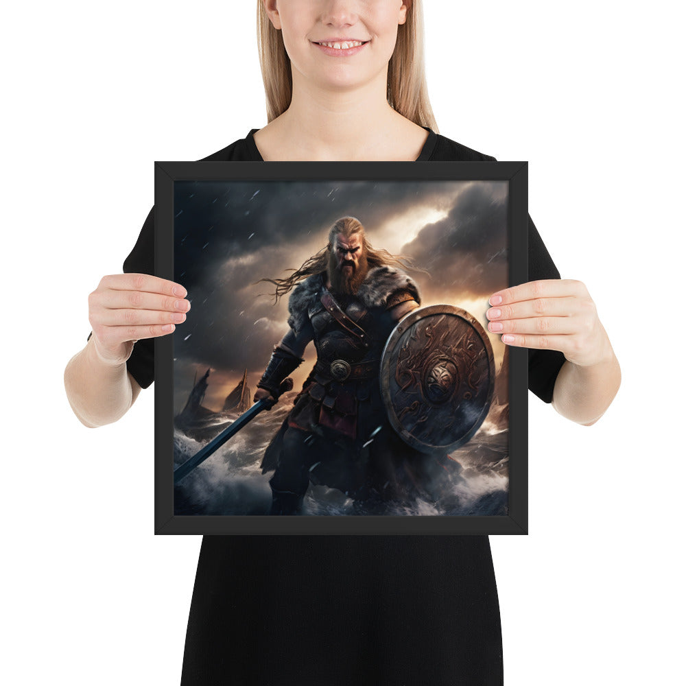 Framed Viking warrior artwork showing a berserker in rain and wind