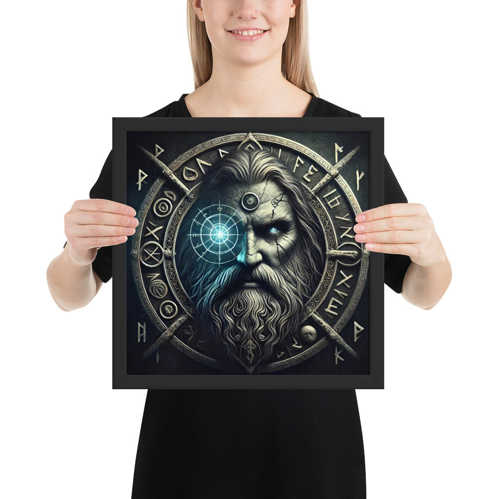 Framed Viking mythology print of Odin surrounded by runic symbols