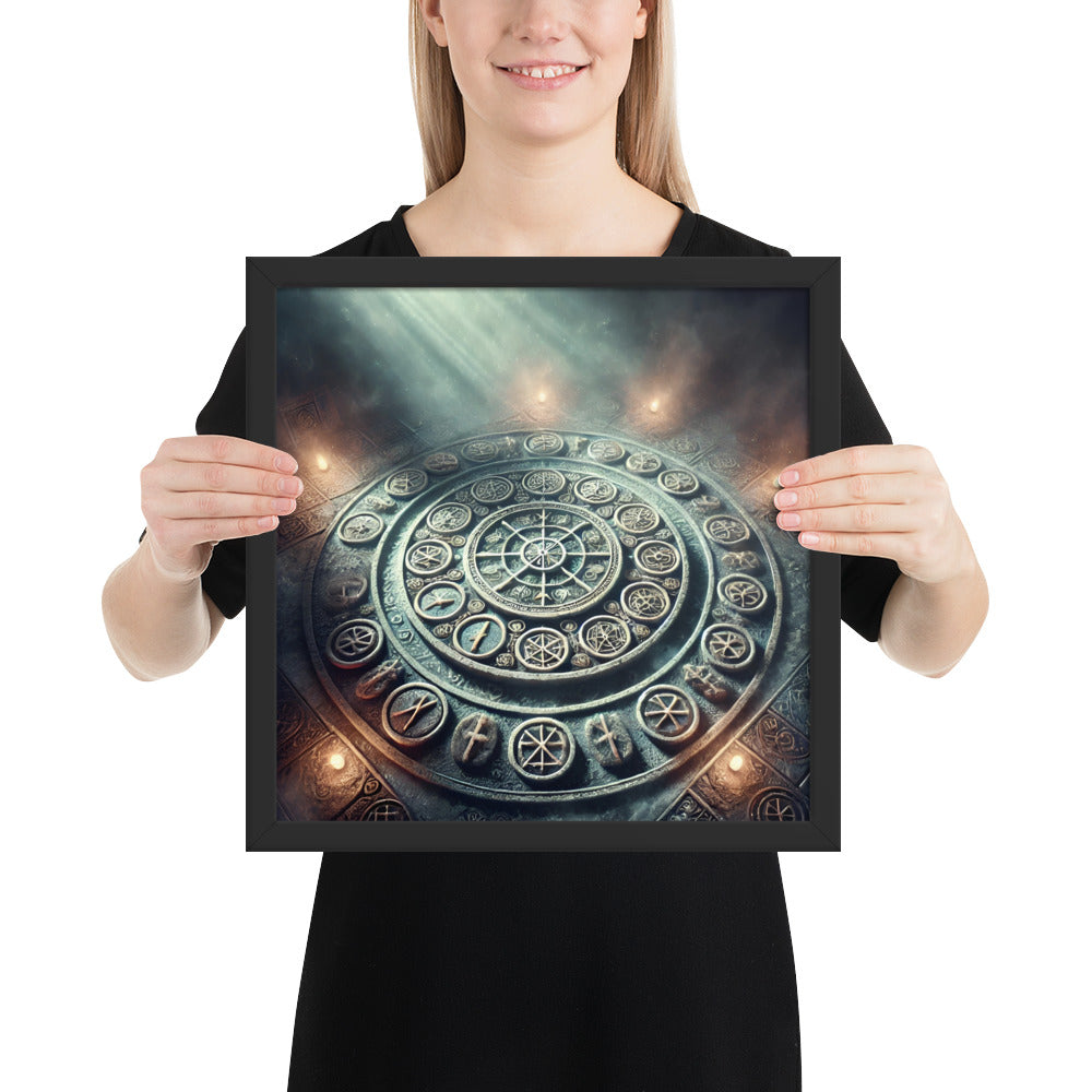 Framed Norse mythology print showing a circular runic symbol design