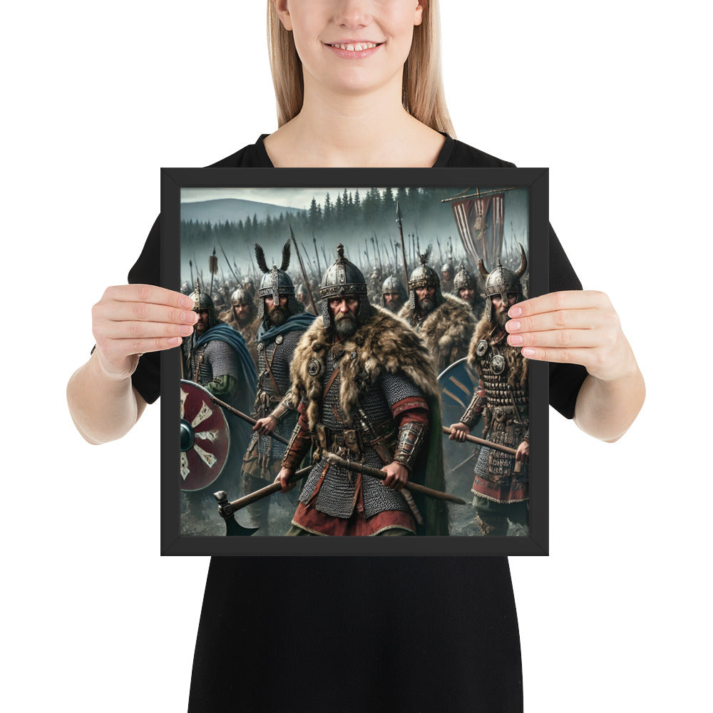 Framed ancient Germanic artwork of Suebi warriors with axes and shields