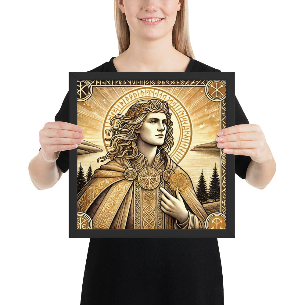 Framed Viking mythology print of Balder with runes and golden light