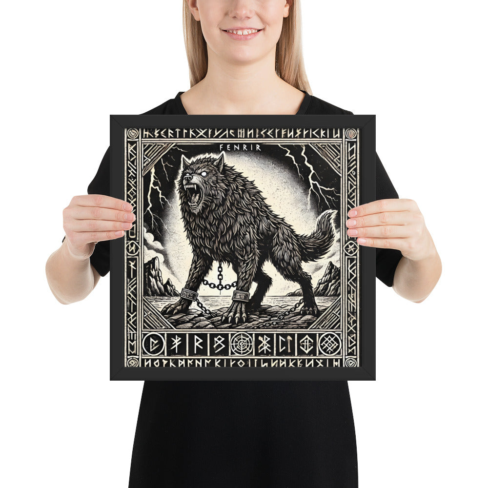 Framed Viking mythology print of Fenrir, bound by unbreakable chains