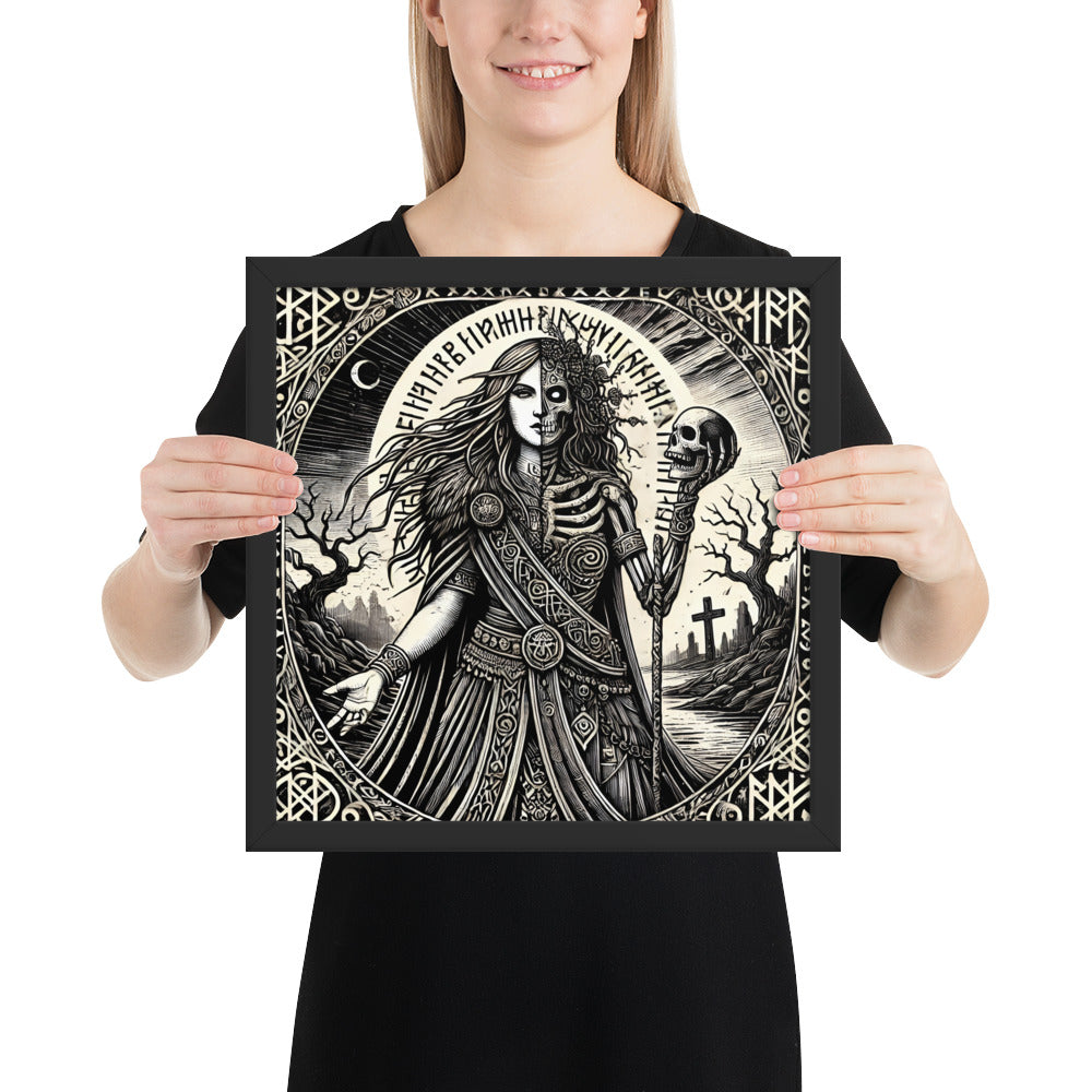 Framed Viking mythology print depicting Hel at the threshold of life and death