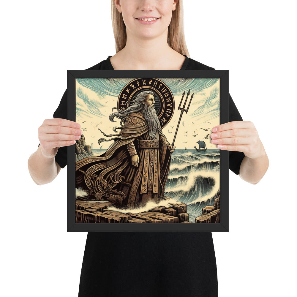 Norse mythology poster of Njord with runes and flowing robes near the shoreline