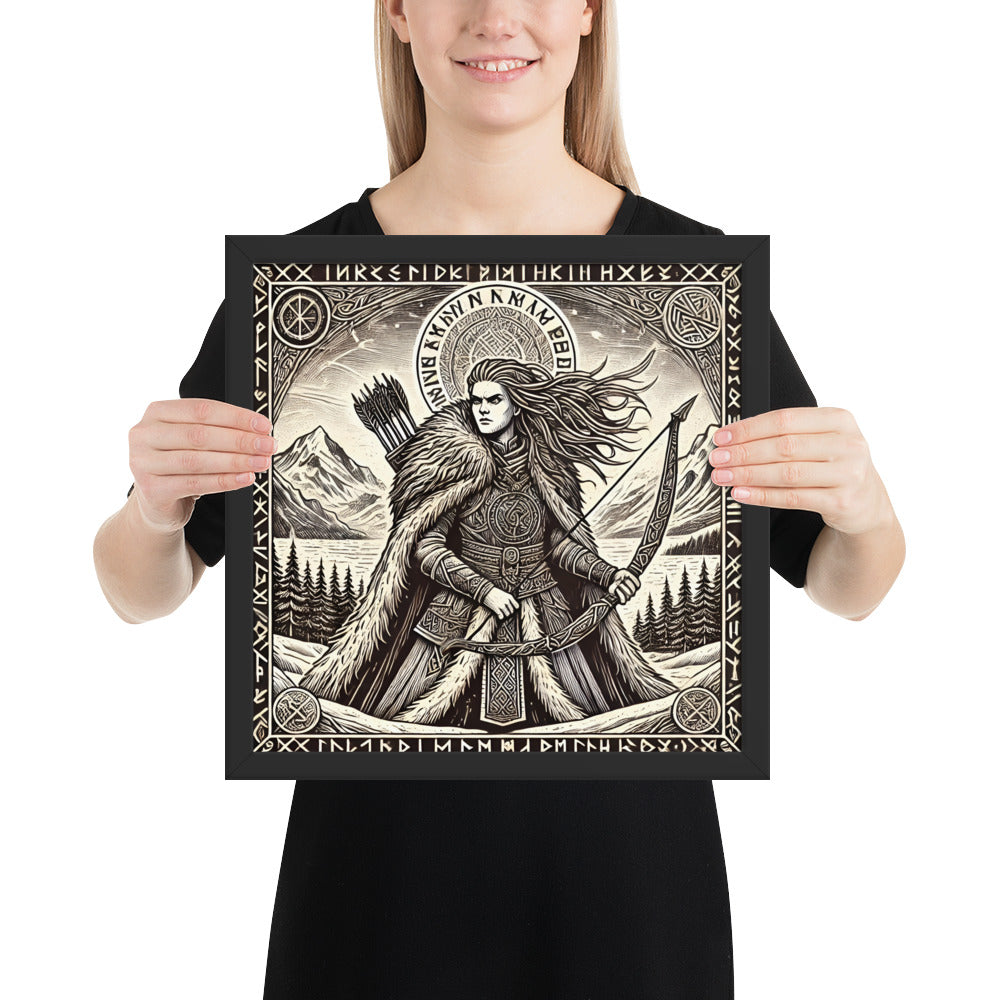 Norse mythology poster of Skadi standing in winter landscape with runes and mountains