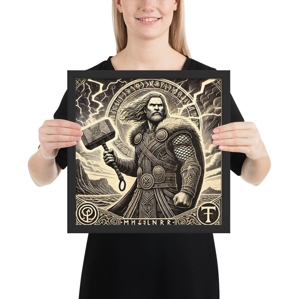 Norse mythology poster of Thor surrounded by lightning and runic symbols