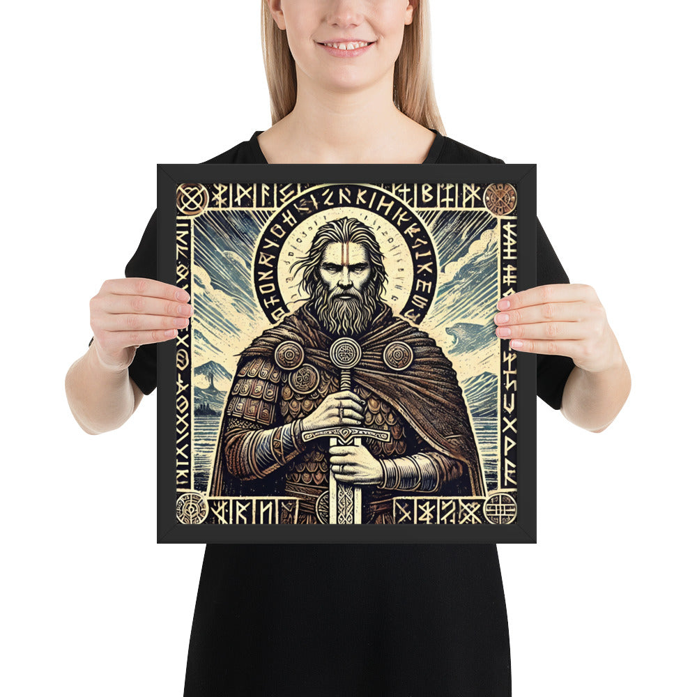 Norse mythology poster of Tyr the Oathkeeper with sword and runic symbols