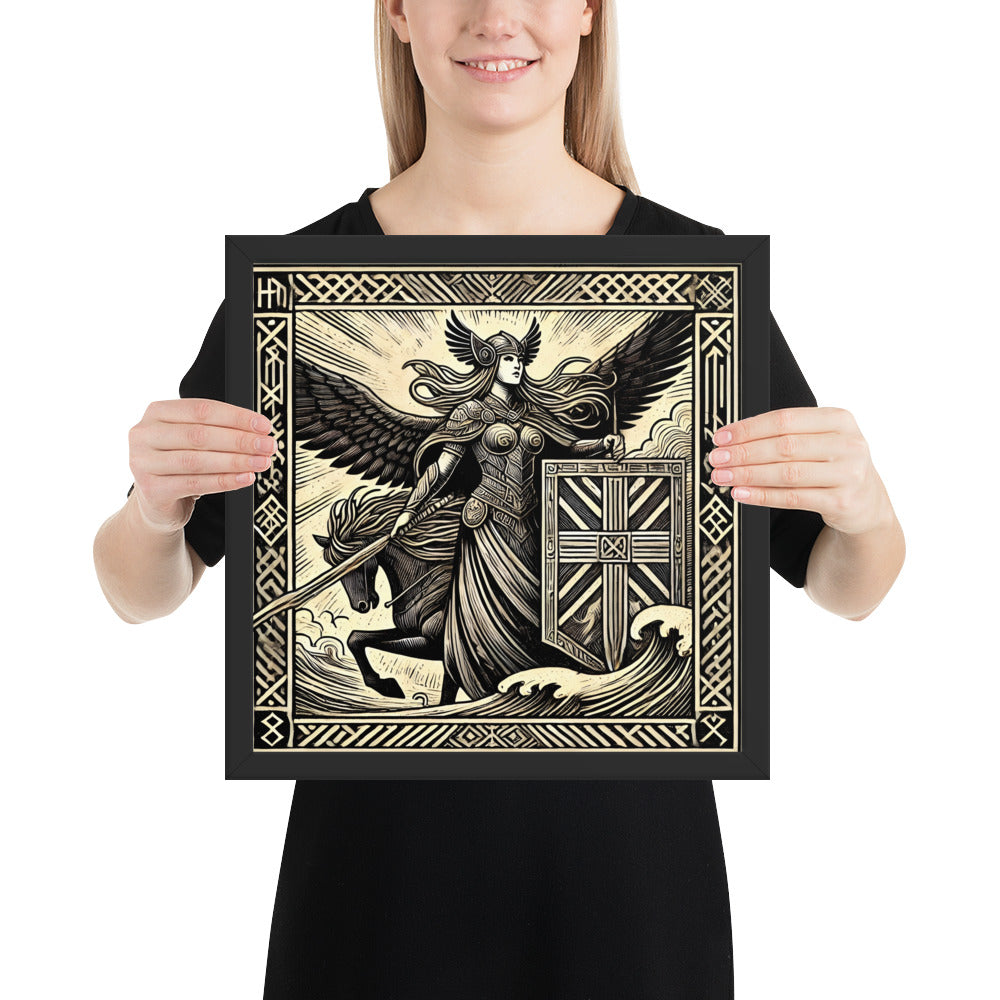 Norse Valkyrie wall art depicting a winged warrior with shield and spear amid ocean waves
