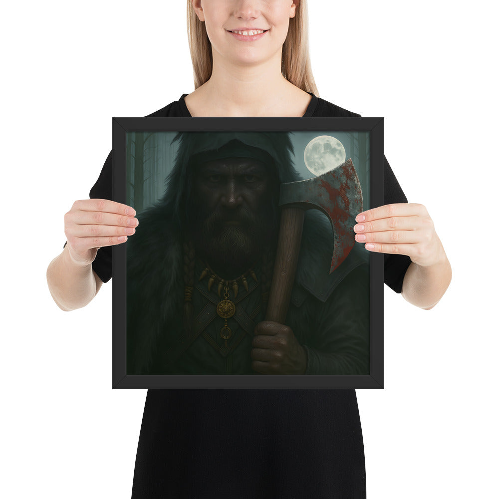 Framed Norse mythology poster portraying a shadow warrior berserker in blackened armor