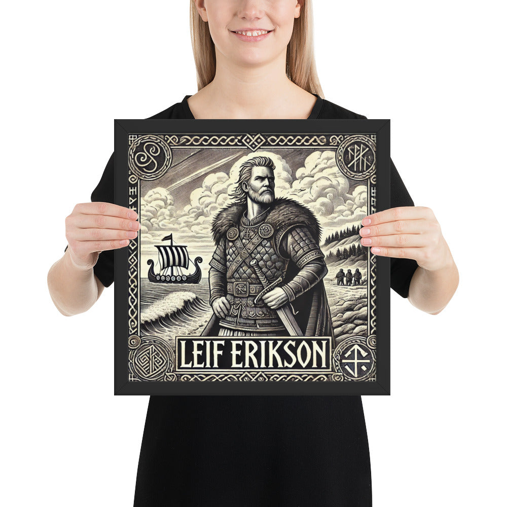 Norse explorer wall art portraying Leif Erikson with Nordic knotwork and seafaring motifs