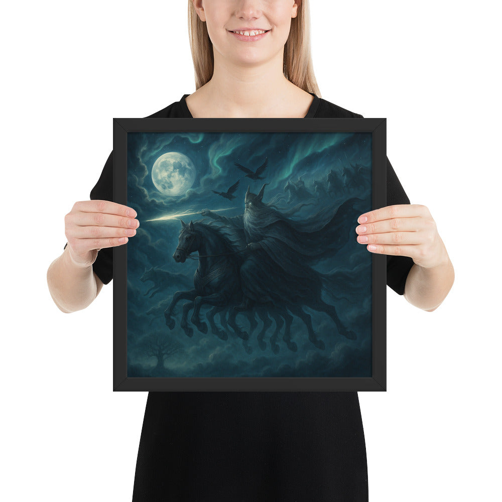 Atmospheric Norse wall art of Odin on horseback during the Wild Hunt, dark mythic scene