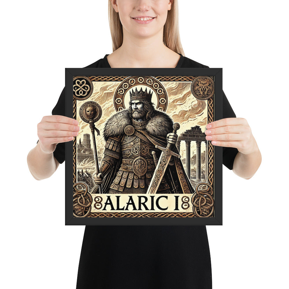 Late Roman era wall art featuring Alaric I, king of the Visigoths, in saga-style composition