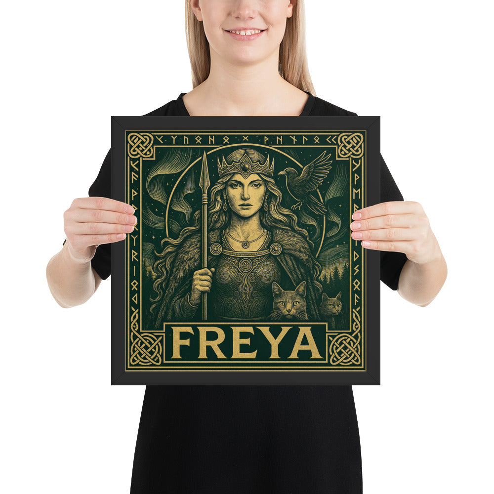 Premium framed Viking wall art showing Freya as a powerful Norse goddess with cats and ancient runes