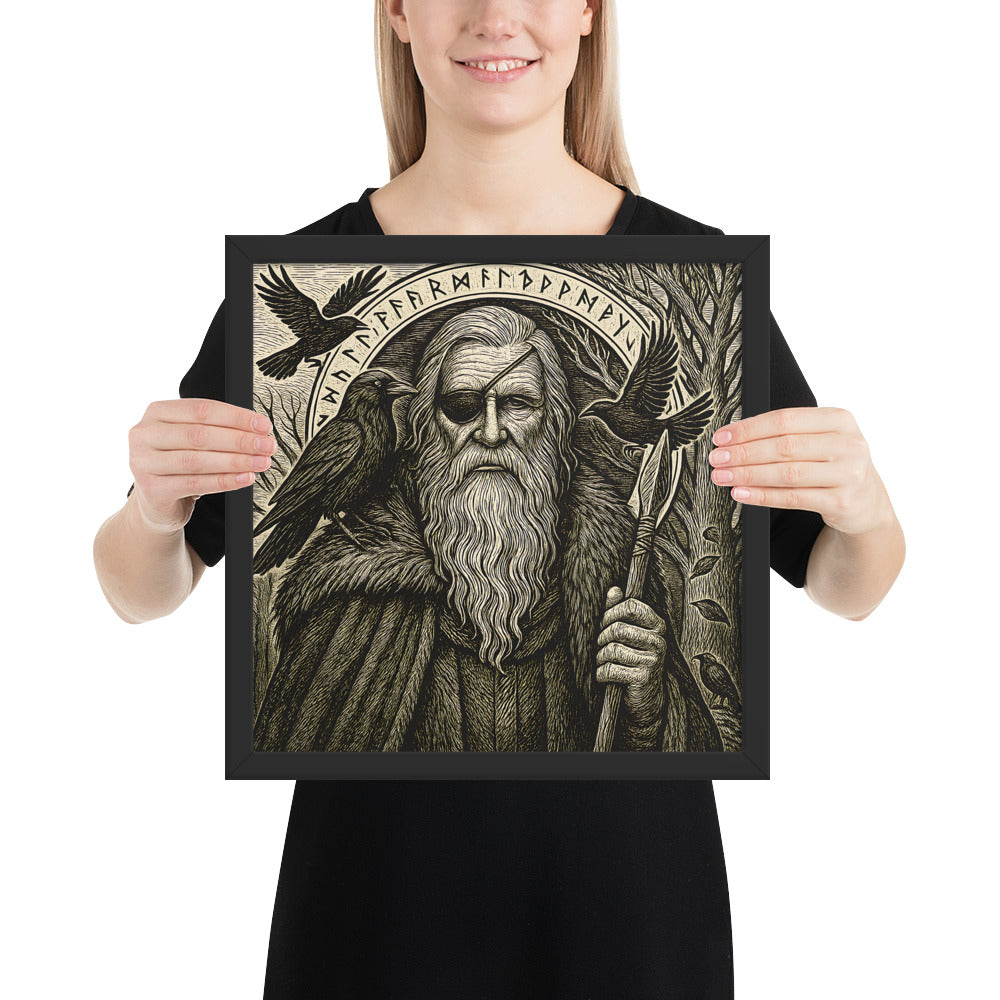 Premium framed Viking wall art showing Odin the All-Father as a wandering sage in a Nordic wilderness
