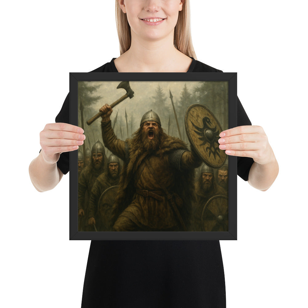 Masculine historical wall art portraying an ancient Germanic king shouting a war cry