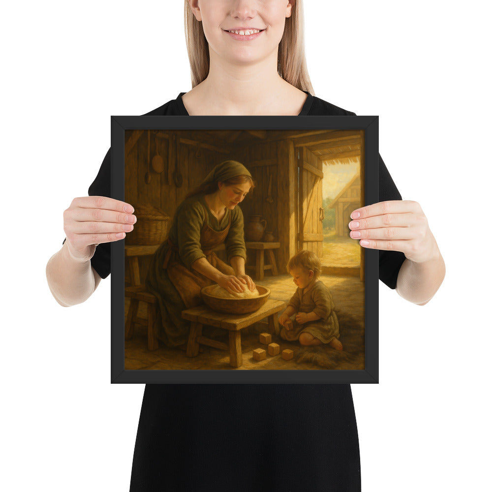 Farmhouse kitchen art with a gentle mother preparing bread dough as her toddler sits beside her, symbolizing family and slow living