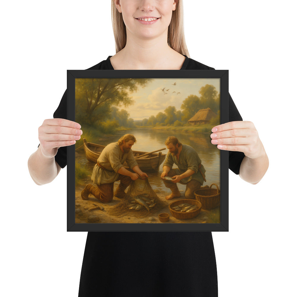 Rustic Norse wall art portraying Viking fishermen at a river, symbolizing tradition and craftsmanship