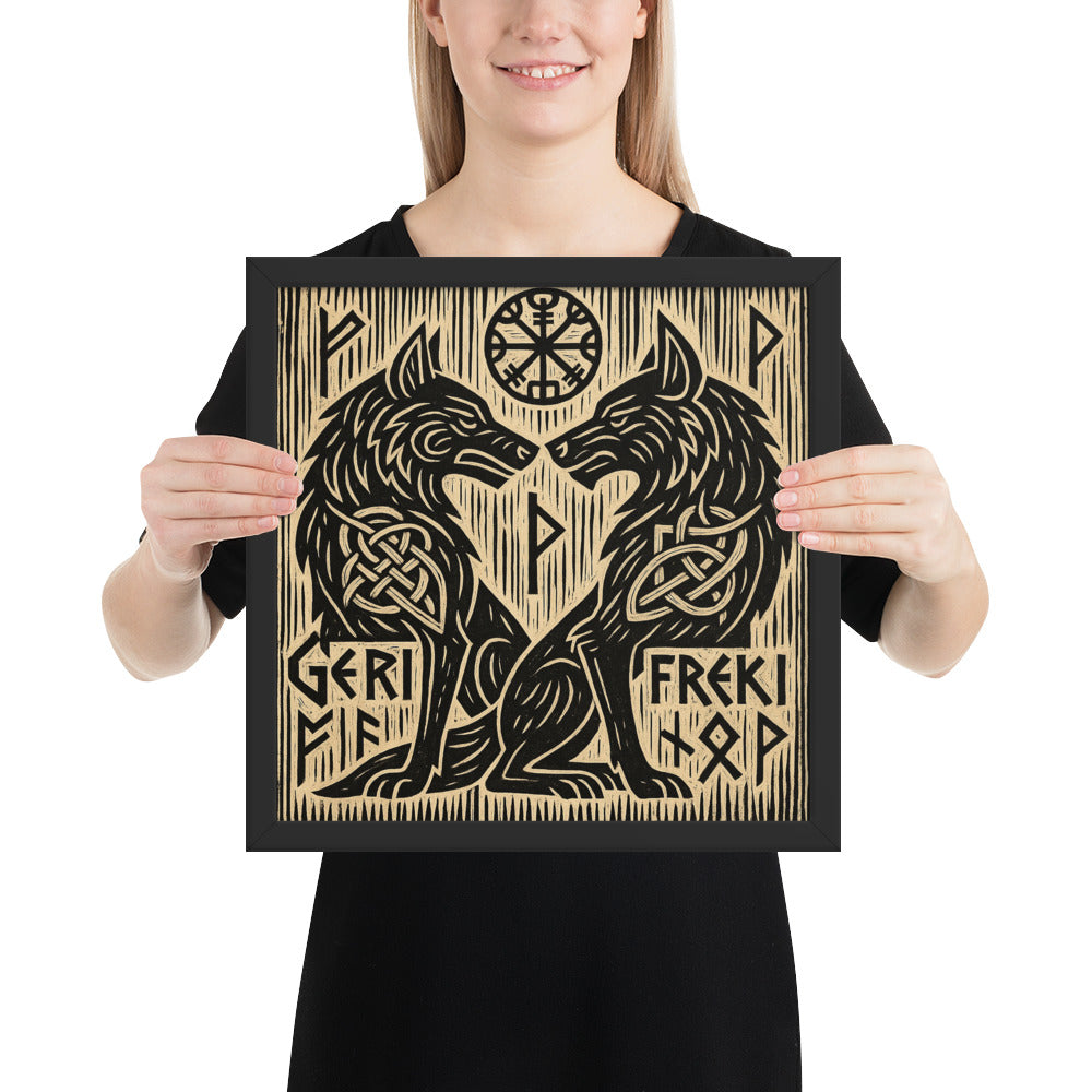 Masculine Norse wall art of Odin’s wolves Geri and Freki, ancient runic symbols and wolf imagery