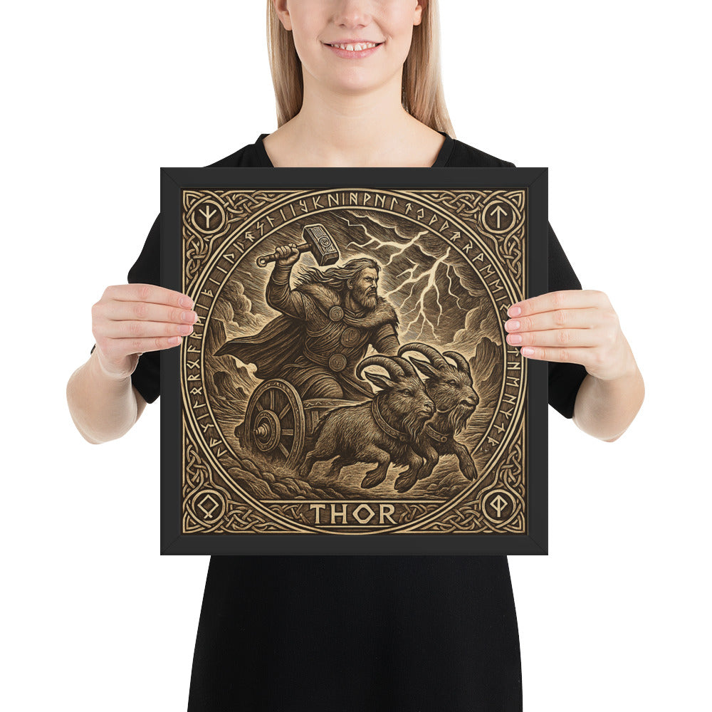 Masculine Norse wall art of Thor with thunder hammer and goat-drawn chariot, Viking decor