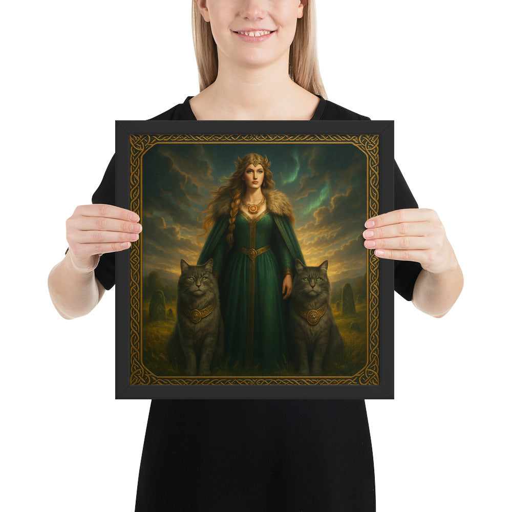 Feminine Norse wall art portraying Freya, goddess of love, beauty, and seiðr magic, framed print