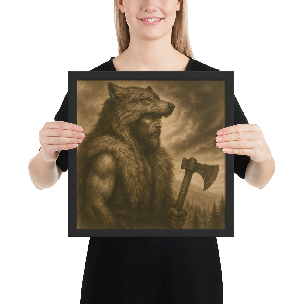 Masculine Norse wall art of an Ulfhednar berserker with wolf headdress and battle axe