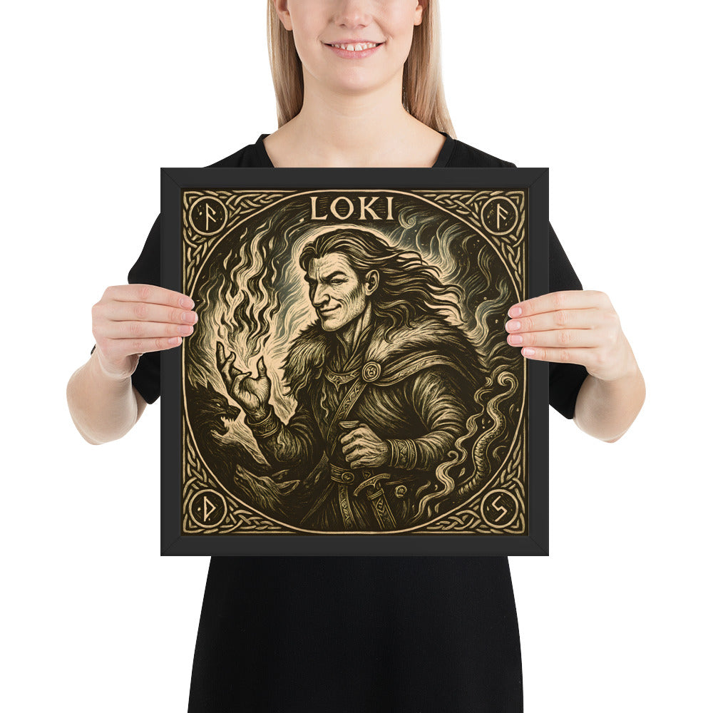 Dark Norse wall art featuring Loki, god of chaos and cleverness, framed mythology poster