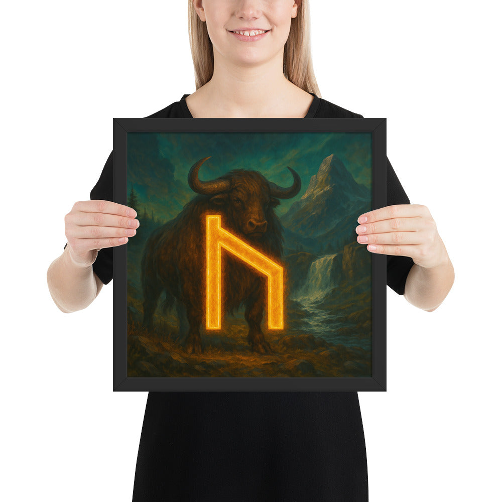 Masculine Norse wall art showing the Uruz rune glowing above an aurochs, Viking mythology decor