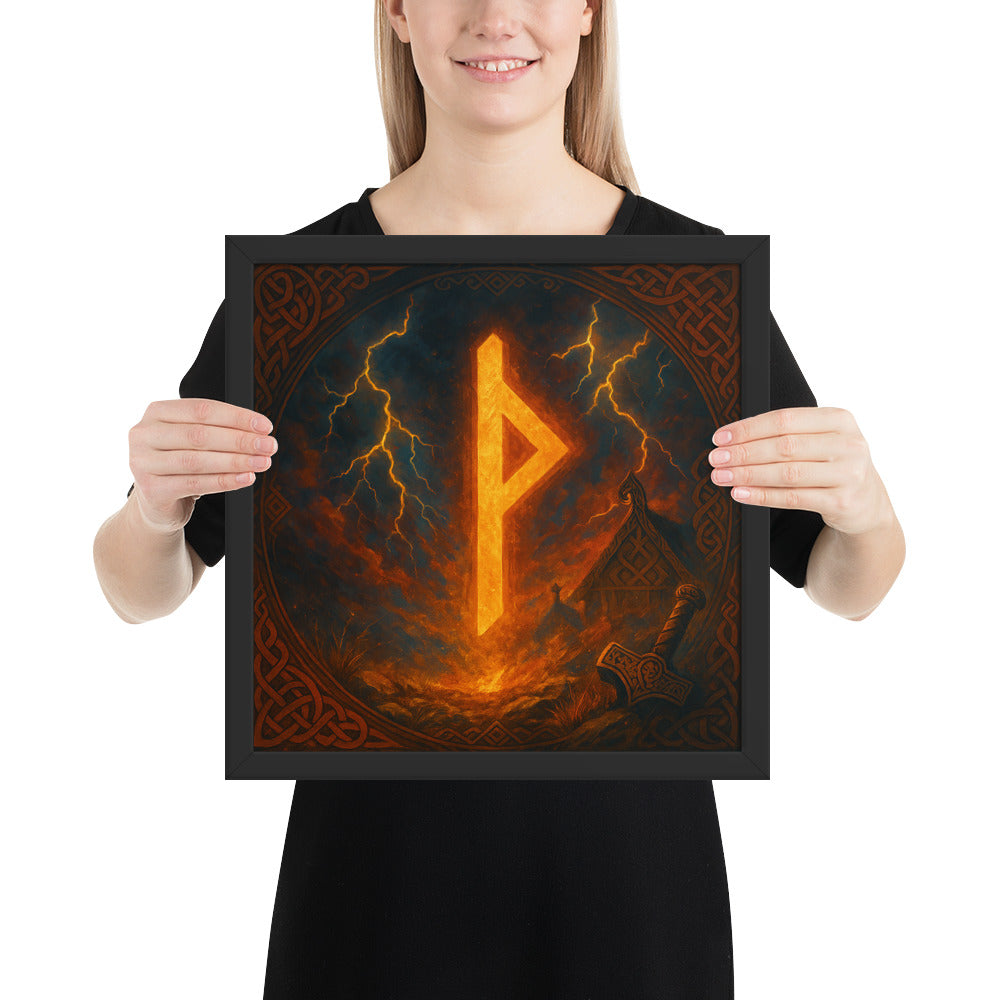 Masculine Norse wall art with Thurisaz rune, thunderstorm, and Mjölnir, Viking mythology decor