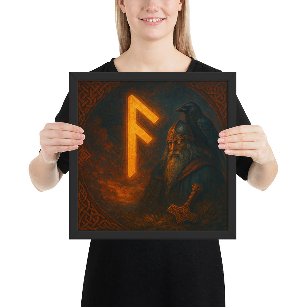 Masculine Norse wall decor showing Odin, raven, and Ansuz rune, framed mythology artwork