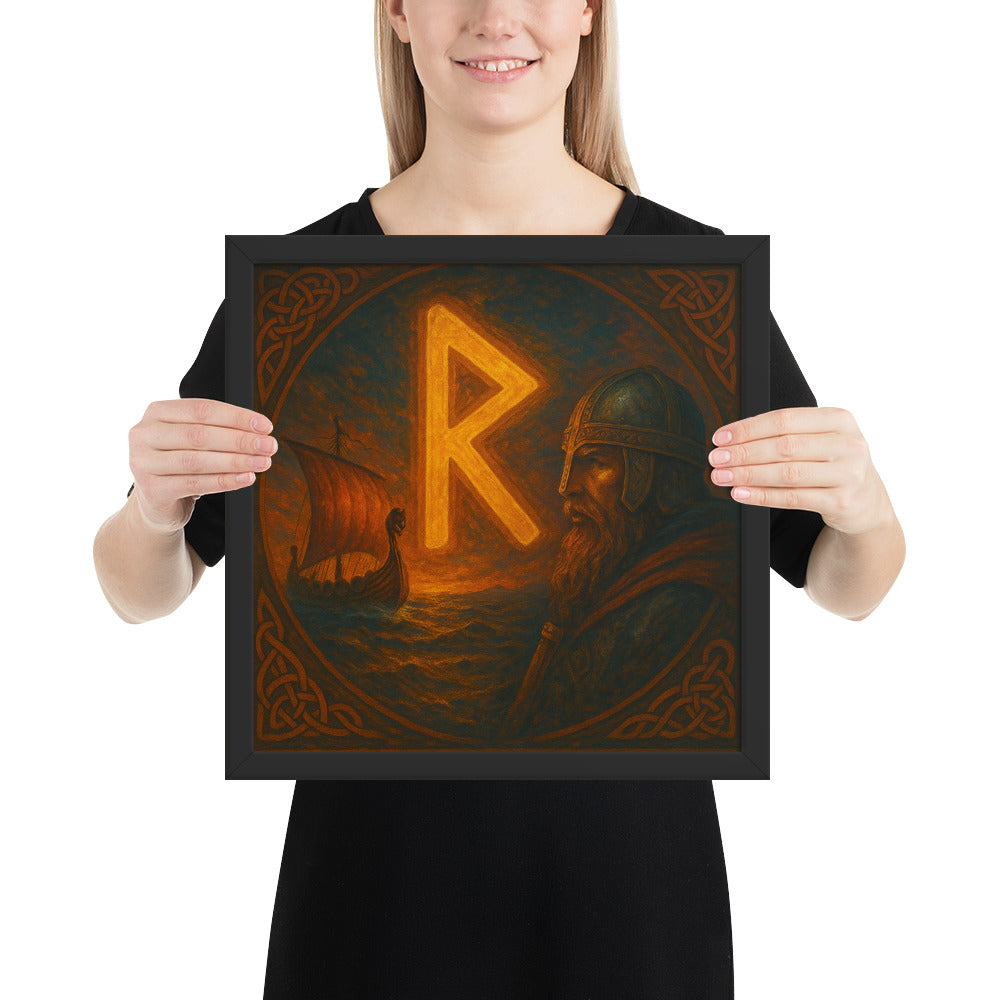 Masculine Norse wall art with Raidho rune, Viking voyage scene, and ancient Scandinavian symbolism