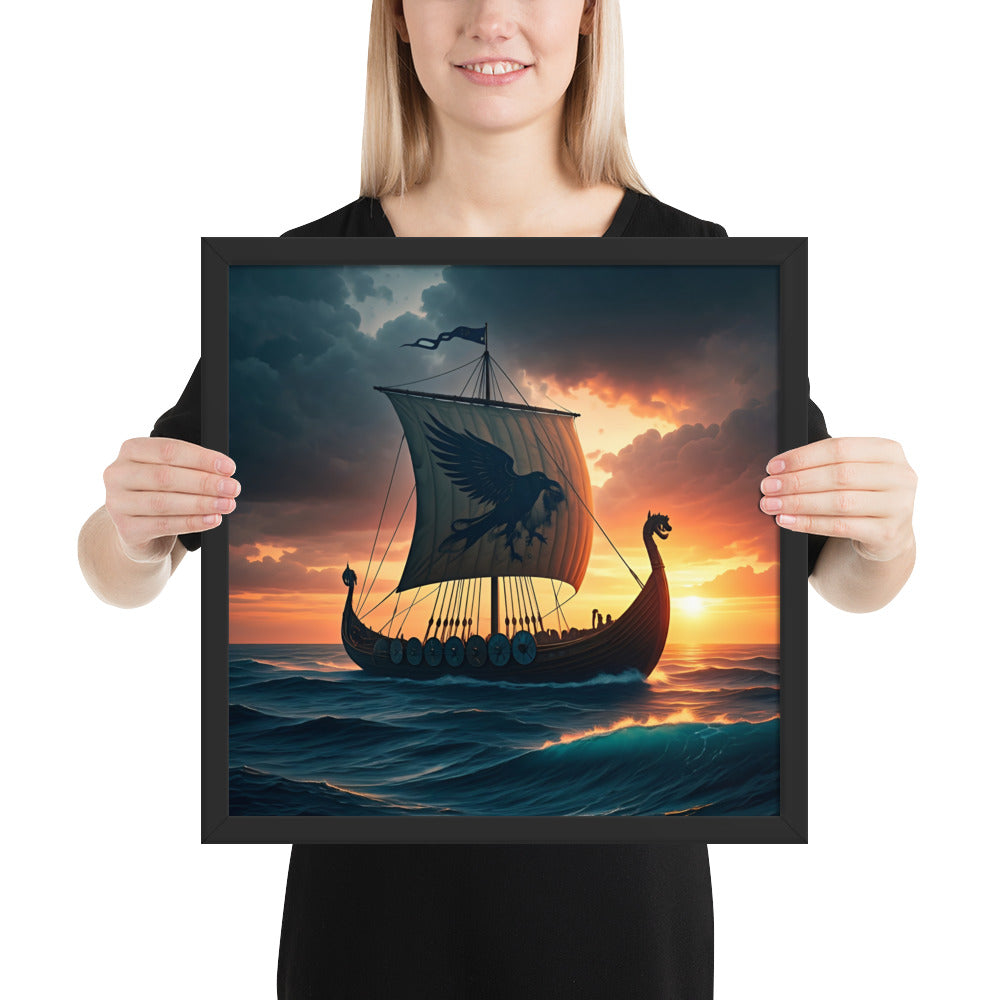 Norse longship artwork depicting Viking ship at dusk on open water