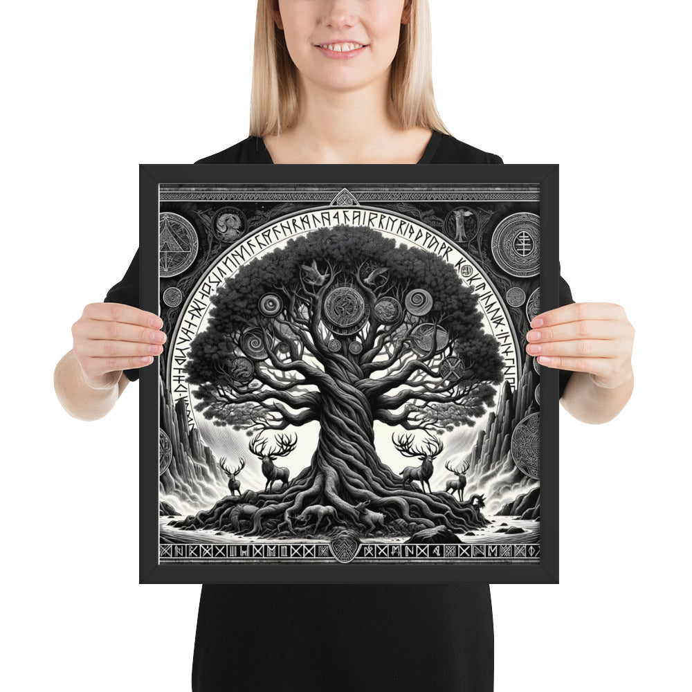 Norse mythology artwork showing Yggdrasil with roots and branches in woodcut style