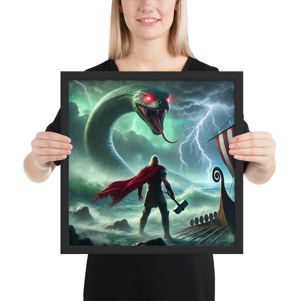 Norse mythology artwork showing Thor fighting the World Serpent