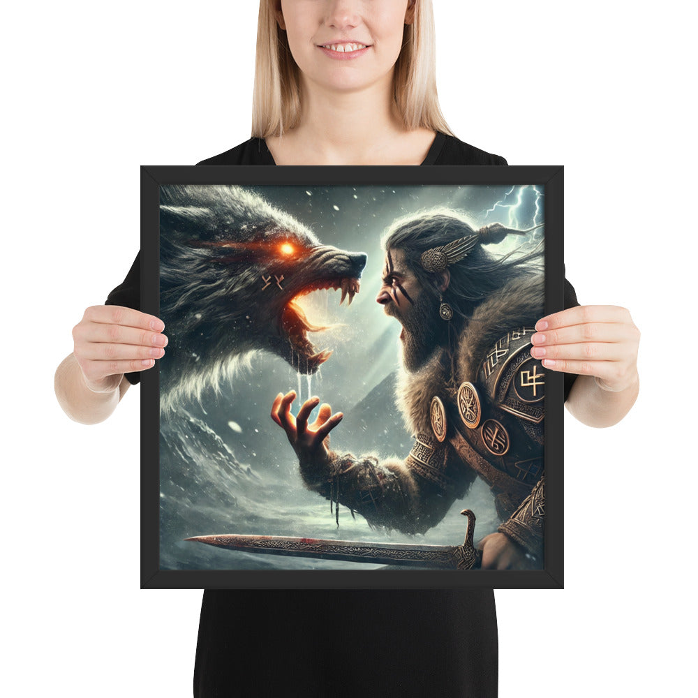 Norse mythology artwork showing Tyr sacrificing his hand to bind Fenrir