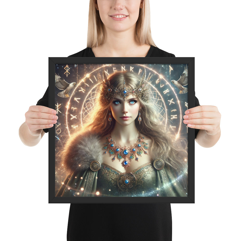 Norse mythology Freya artwork with glowing Brísingamen and runic symbols