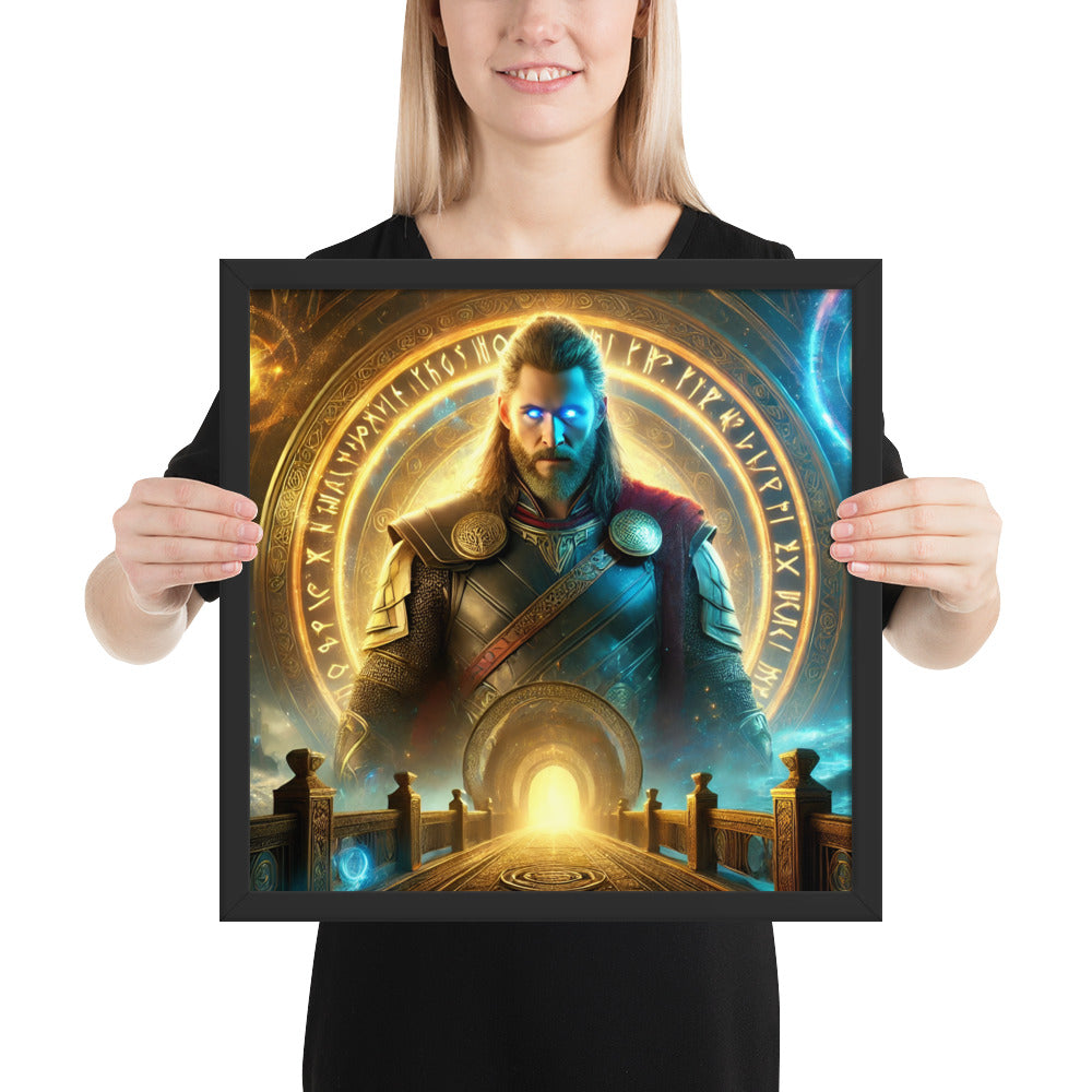 Norse mythology Heimdall artwork with glowing eyes and rune-etched armor