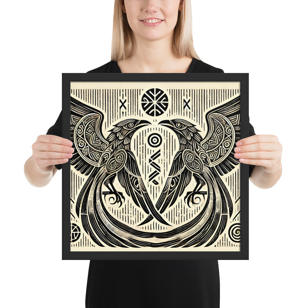 Norse raven wall art depicting Hugin and Munin in traditional woodcut style