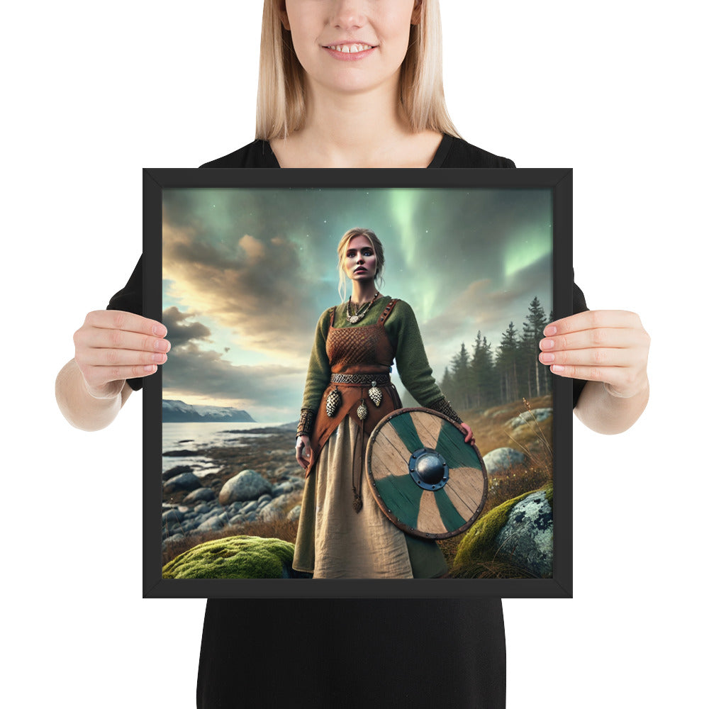 Norse Viking wife artwork with shield and aurora in coastal night setting