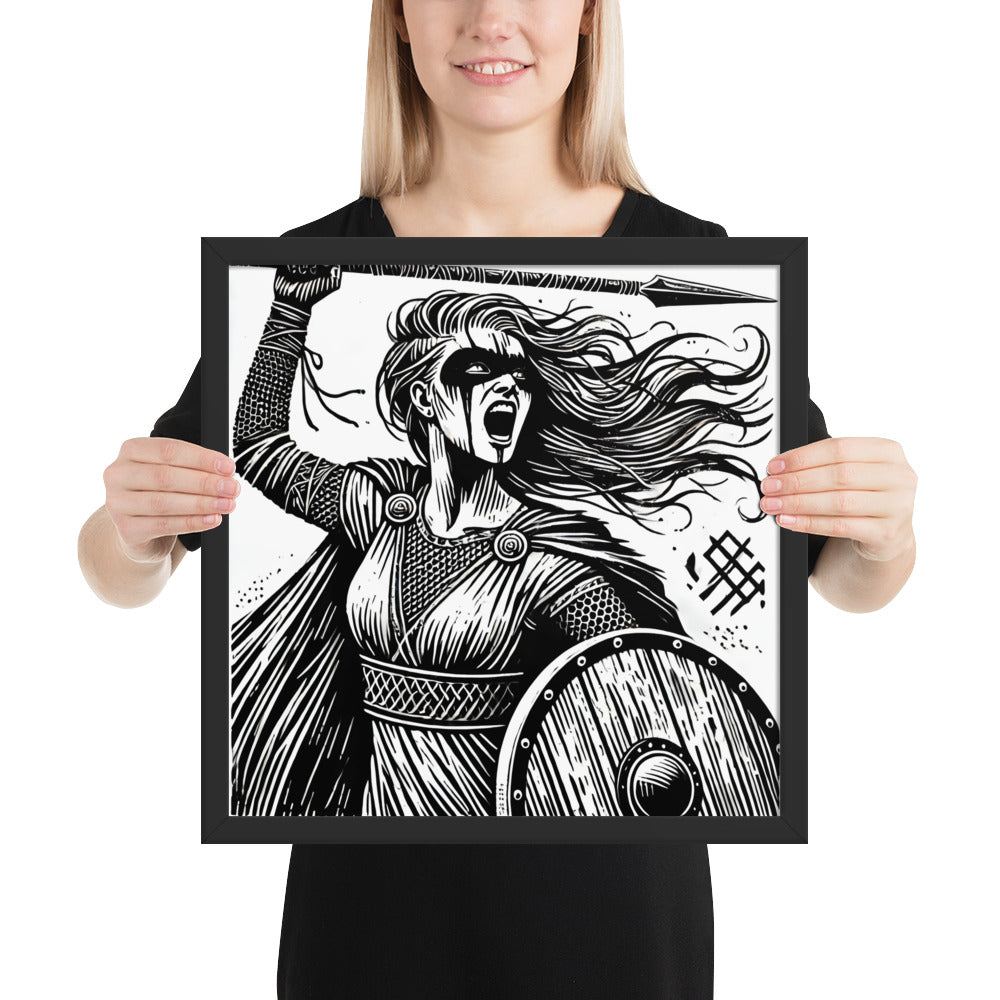 Viking warrior woman wall art in black and white woodcut style